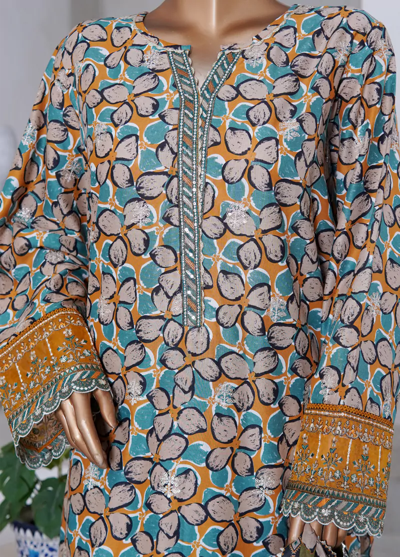 WCEMB-2516-F- 3 Piece Embroidered Cotton Stitched Suit - Image 5