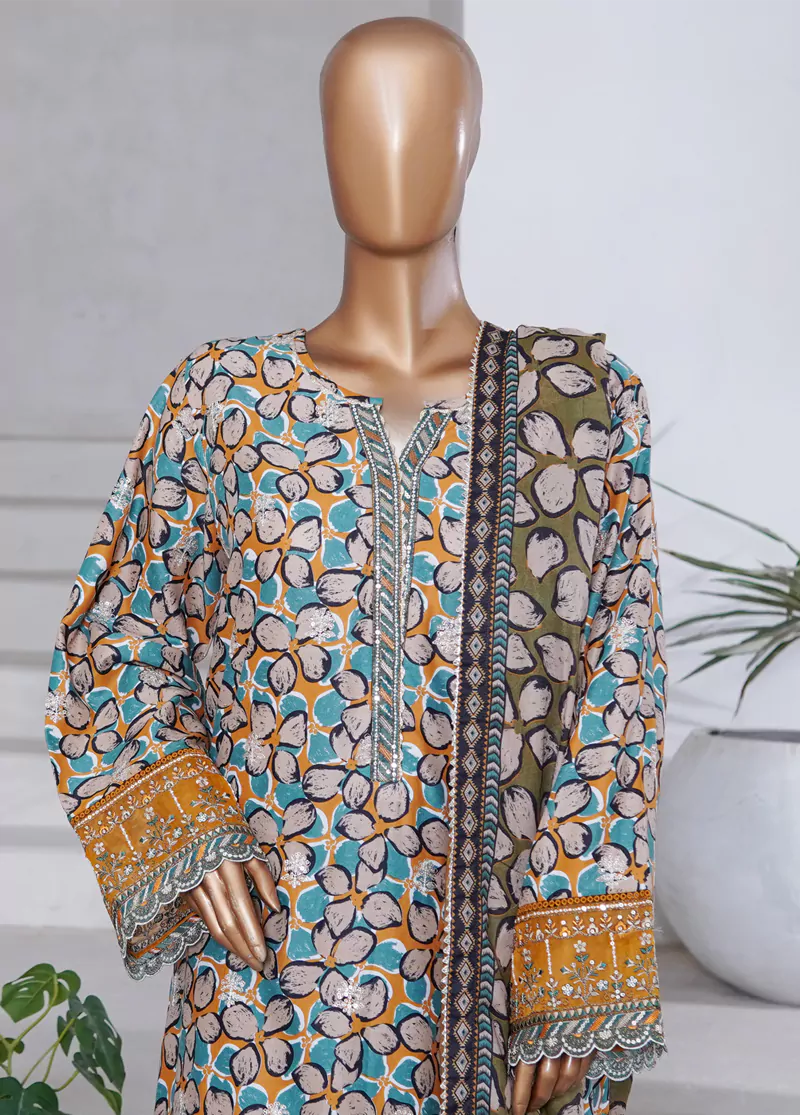 WCEMB-2516-F- 3 Piece Embroidered Cotton Stitched Suit - Image 6