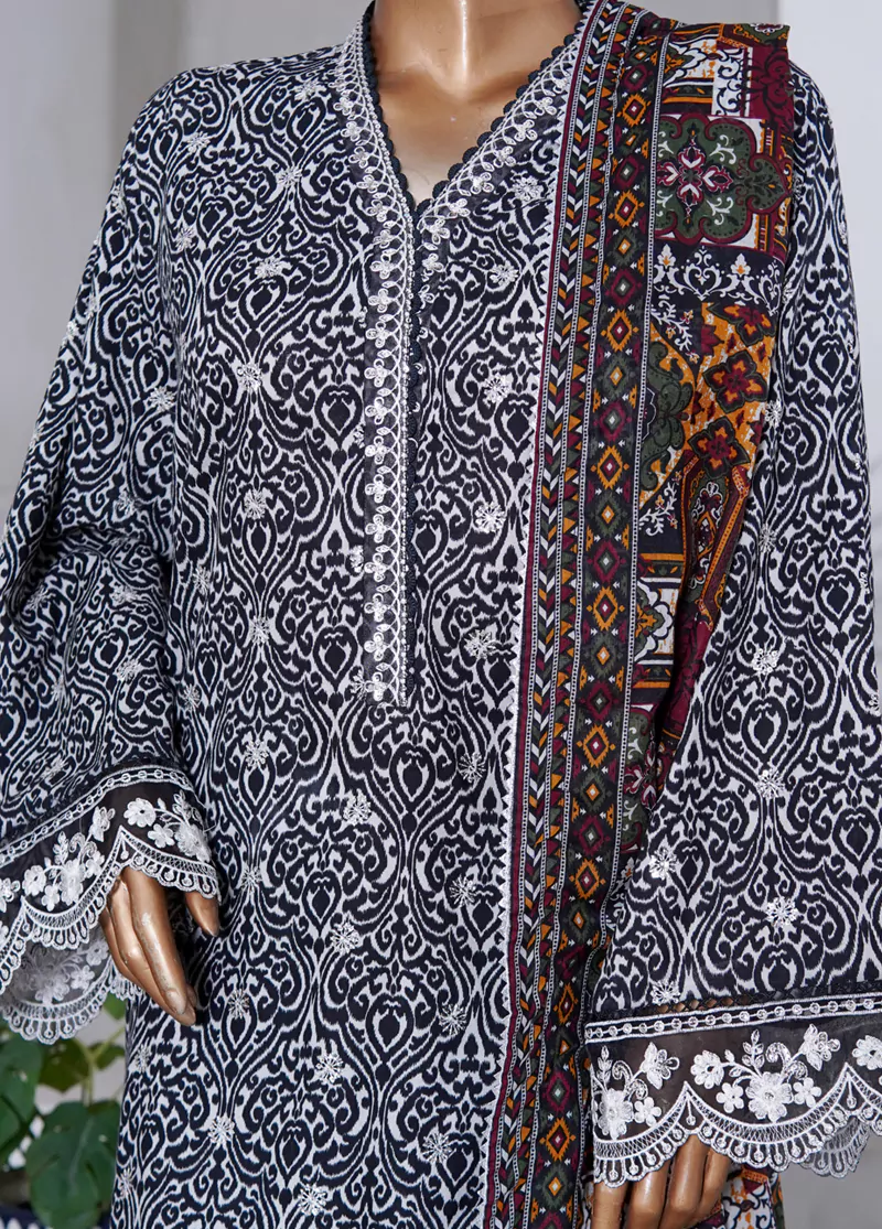 WCEMB-2525-F- 3 Piece Embroidered Cotton Stitched Suit - Image 5