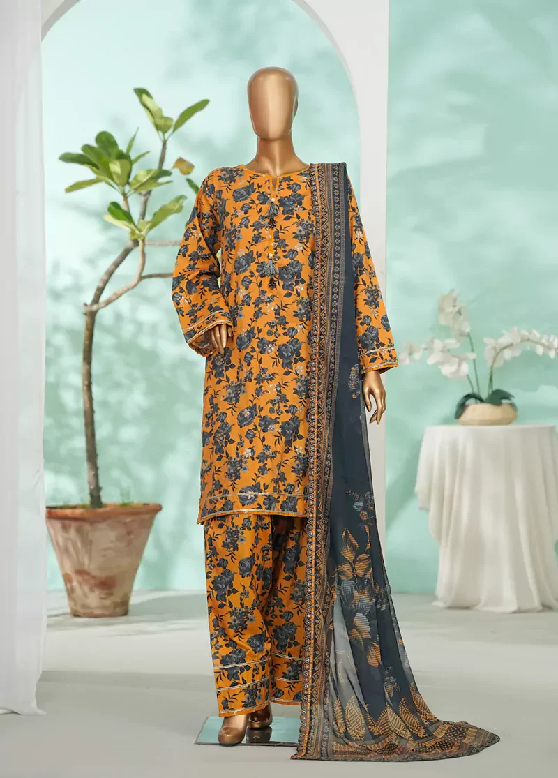 3 Piece Orange Color Embroidered Lawn Shirt with Farshi Trouser & Embroidered Dupatta - Image 3