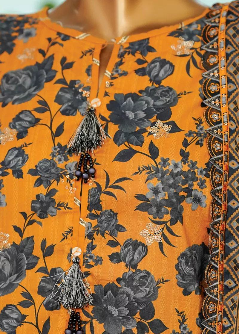 3 Piece Orange Color Embroidered Lawn Shirt with Farshi Trouser & Embroidered Dupatta - Image 4