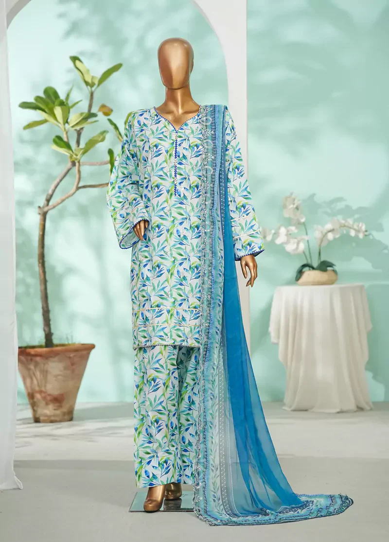 3 Piece Blue Color Embroidered Lawn Shirt with Farshi Trouser & Embroidered Dupatta - Image 3