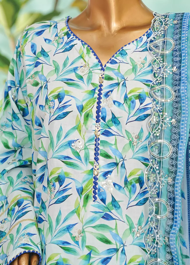 3 Piece Blue Color Embroidered Lawn Shirt with Farshi Trouser & Embroidered Dupatta - Image 4