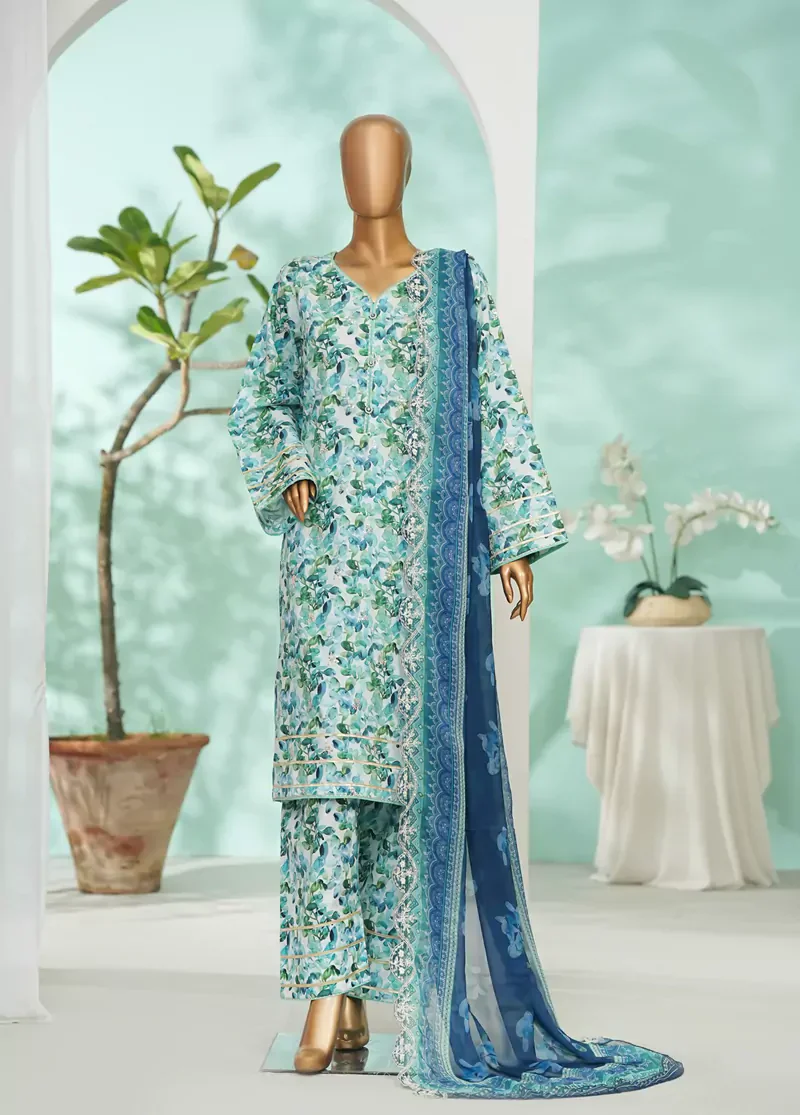 3 Piece Blue Color Embroidered Lawn Shirt with Farshi Trouser & Embroidered Dupatta - Image 3