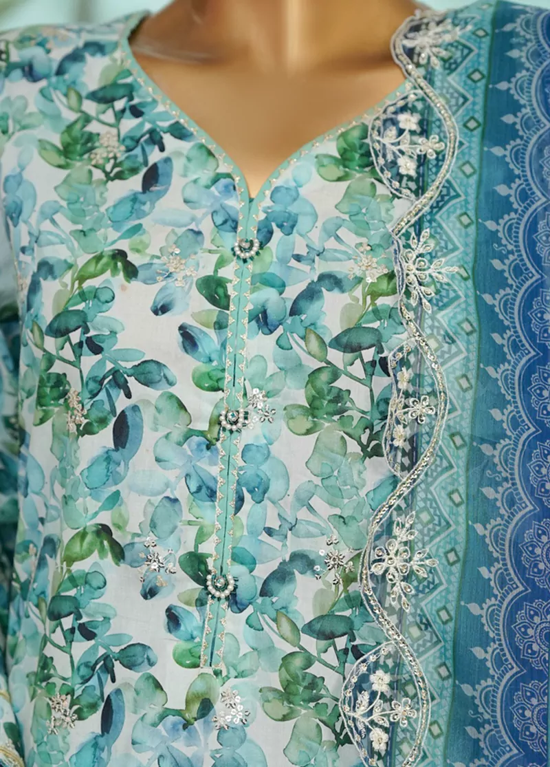 3 Piece Blue Color Embroidered Lawn Shirt with Farshi Trouser & Embroidered Dupatta - Image 4