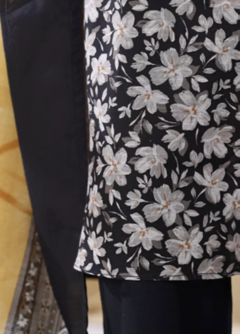 3 Piece Printed White & Black Khaddar Shirt with Trouser & Dupatta - Image 3