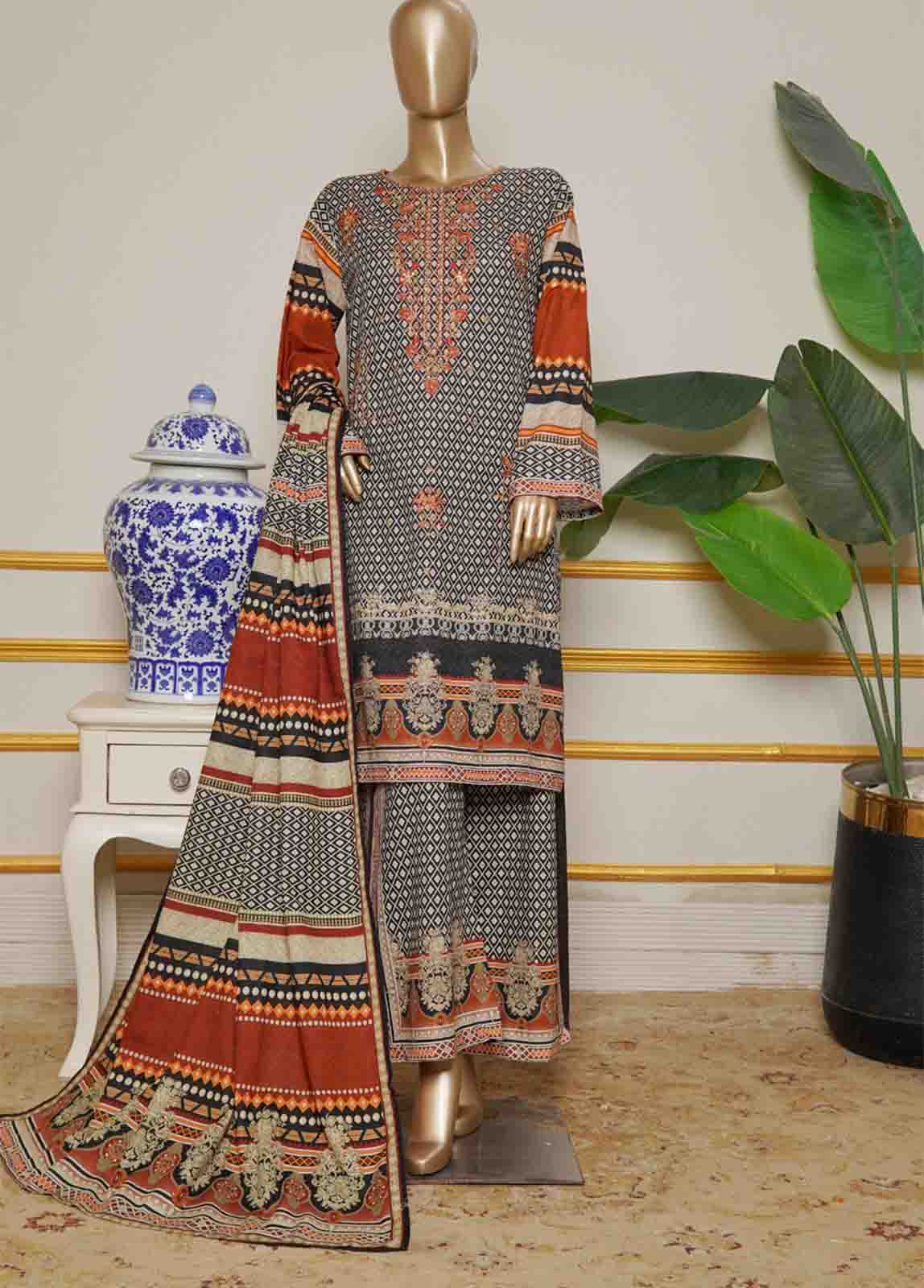 WKE-0134 B-3 Piece Khaddar Embroidered Stitched Suit - Image 3