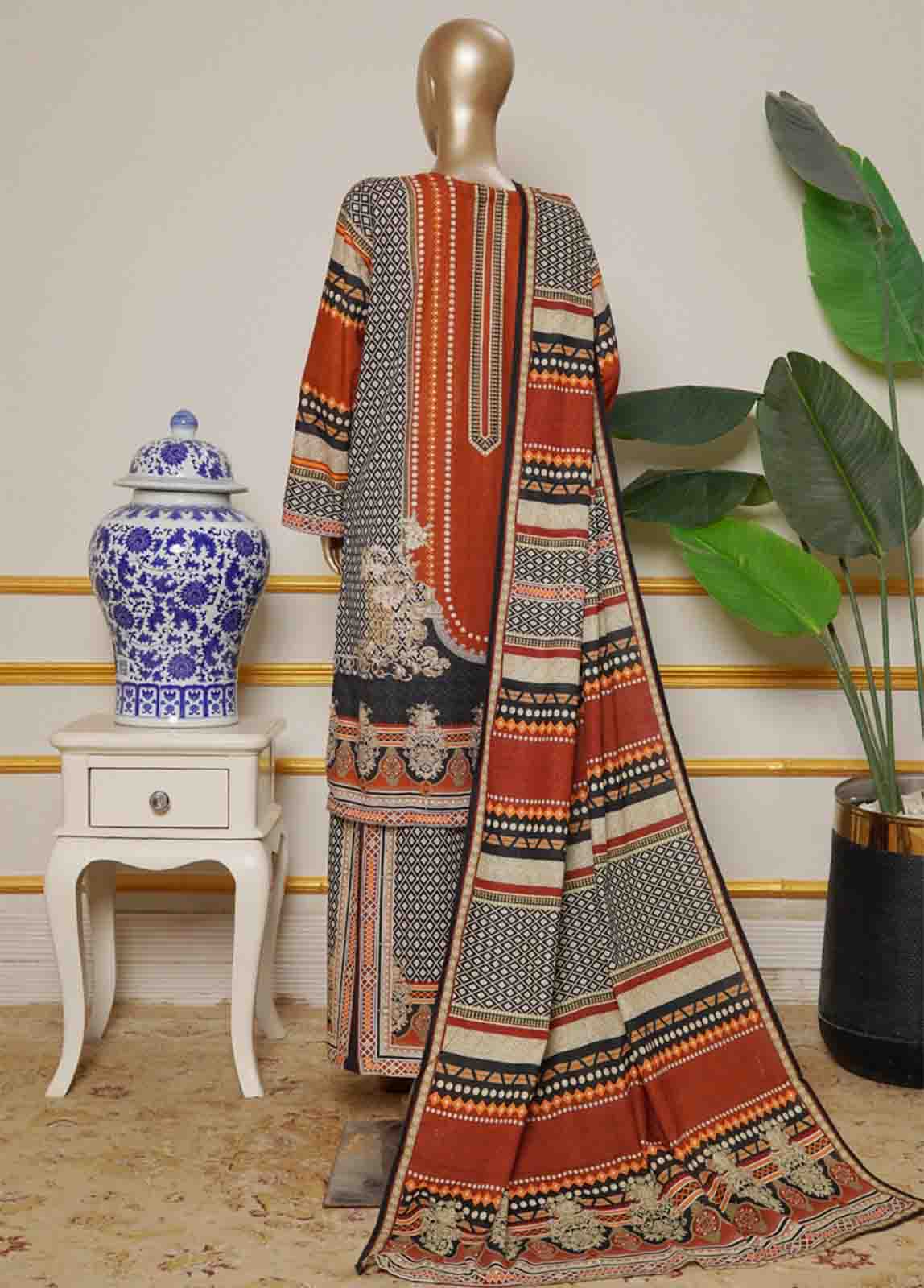 WKE-0134 B-3 Piece Khaddar Embroidered Stitched Suit - Image 4