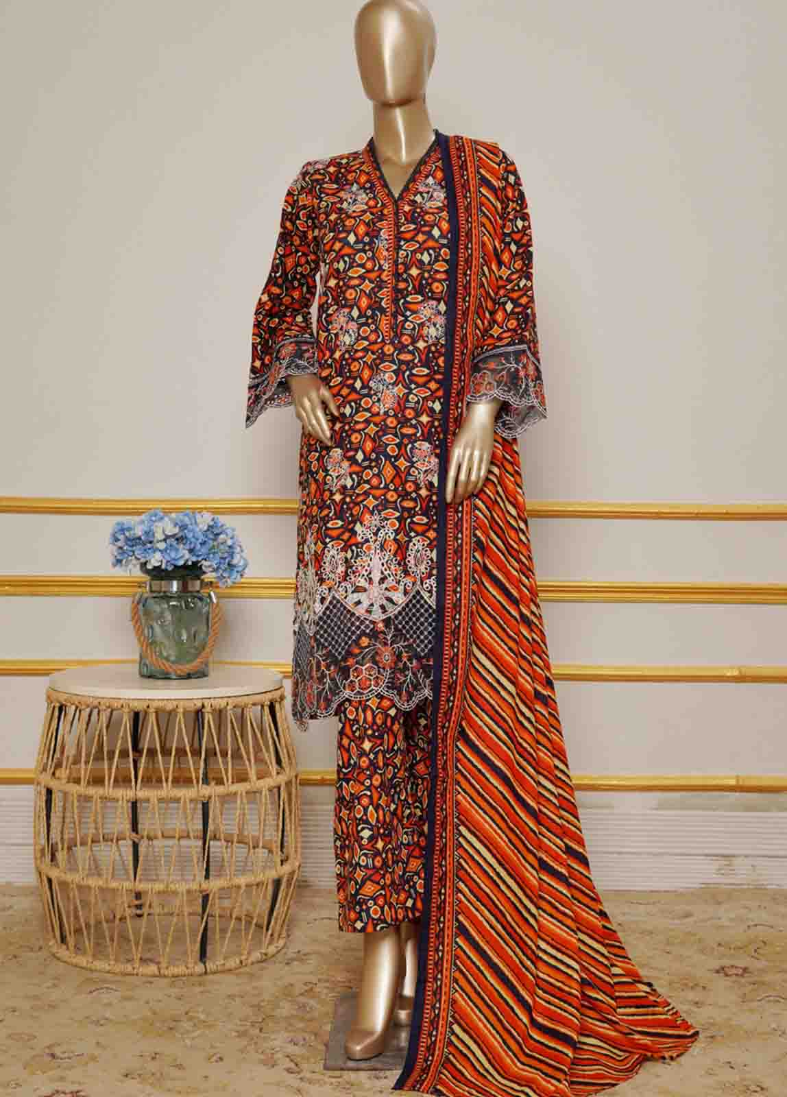 WKE-035- 3 Piece Khaddar Emboidered Stitched Suit - Image 3